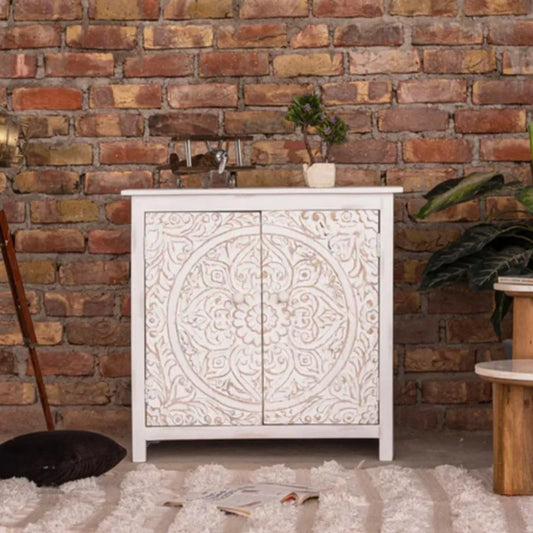 Gene Distress White Mango Wood Cabinet - Wooden Bazar