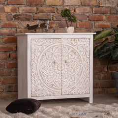 Gene Distress White Mango Wood Cabinet - Wooden Bazar