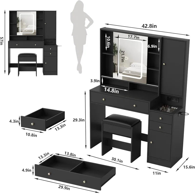 Zylo Modern White Vanity Table Set with LED Mirror Jewelry Storage Charging Station and Cushioned Stool