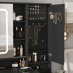 Zylo Modern White Vanity Table Set with LED Mirror Jewelry Storage Charging Station and Cushioned Stool