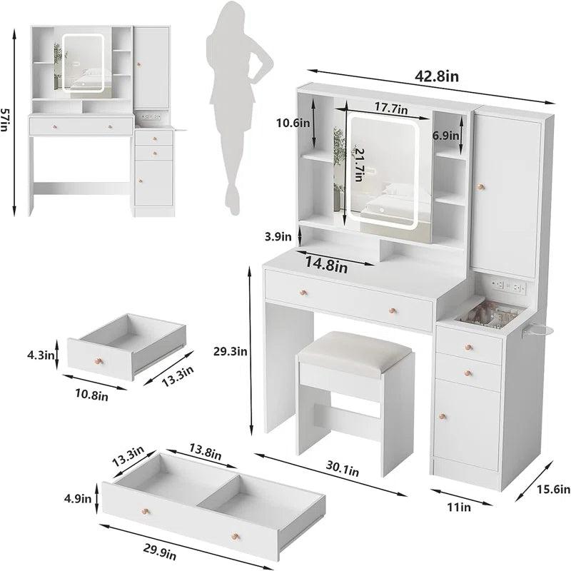 Zylo Modern White Vanity Table Set with LED Mirror Jewelry Storage Charging Station and Cushioned Stool