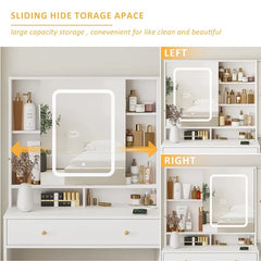 Zylo Modern White Vanity Table Set with LED Mirror Jewelry Storage Charging Station and Cushioned Stool