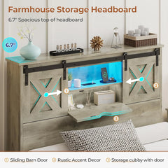 Farmhouse Twin XL Bed Frame with Storage Drawers, LED Lights, Charging Station & Rustic Barn Door Headboard