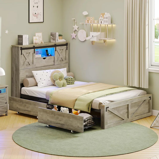 Farmhouse Twin XL Bed Frame with Storage Drawers, LED Lights, Charging Station & Rustic Barn Door Headboard