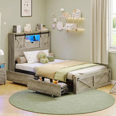 Farmhouse Twin XL Bed Frame with Storage Drawers, LED Lights, Charging Station & Rustic Barn Door Headboard