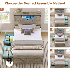 Farmhouse Twin XL Bed Frame with Storage Drawers, LED Lights, Charging Station & Rustic Barn Door Headboard