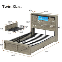 Farmhouse Twin XL Bed Frame with Storage Drawers, LED Lights, Charging Station & Rustic Barn Door Headboard