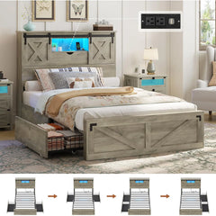 Farmhouse Twin XL Bed Frame with Storage Drawers, LED Lights, Charging Station & Rustic Barn Door Headboard