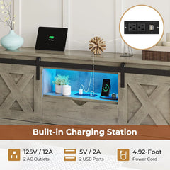 Farmhouse Twin XL Bed Frame with Storage Drawers, LED Lights, Charging Station & Rustic Barn Door Headboard
