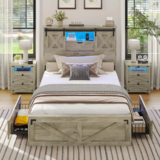 Farmhouse Twin XL Bed Frame with Storage Drawers, LED Lights, Charging Station & Rustic Barn Door Headboard