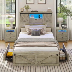 Farmhouse Twin XL Bed Frame with Storage Drawers, LED Lights, Charging Station & Rustic Barn Door Headboard