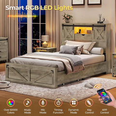 Farmhouse Twin XL Bed Frame with Storage Drawers, LED Lights, Charging Station & Rustic Barn Door Headboard