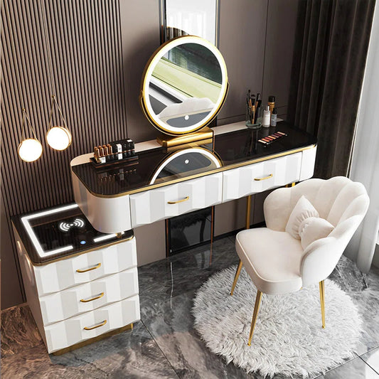 Uterry Vanity Desk with Light Mirror, Makeup Vanity Dressing Table with 5 Drawers with chair