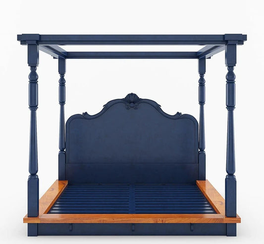 King Size Royal Luxury Solid Wood Four Poster Bed with Classic Carved Headboard
