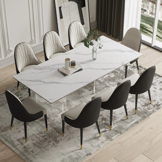 9 - Piece Sintered Stone Dining Table with 8 Leather Chairs Dining Set