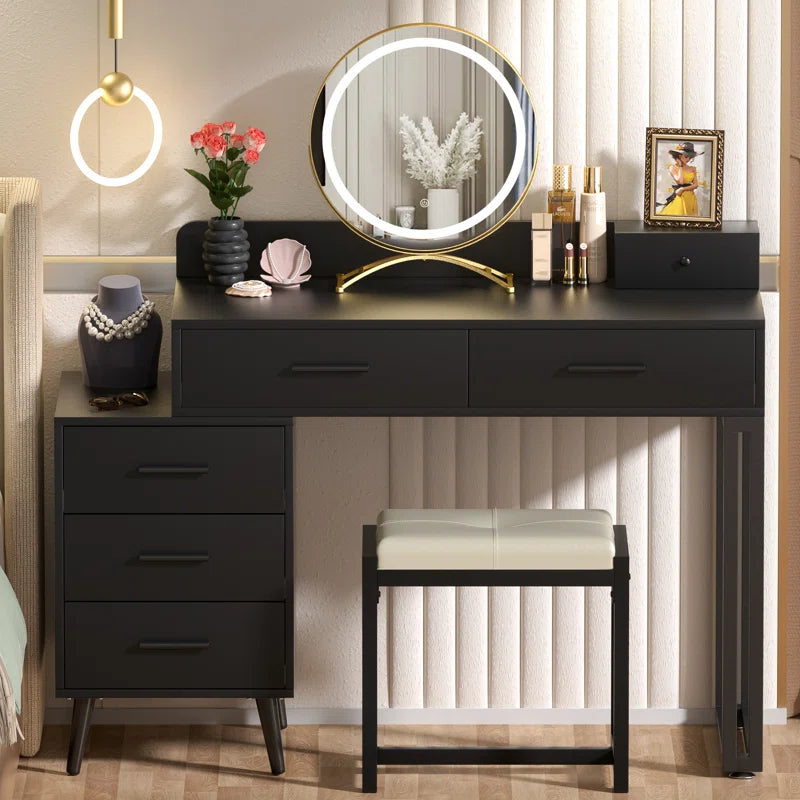 Jaspiliono Makeup Vanity Desk with Mirror and Stool -Wooden Bazar