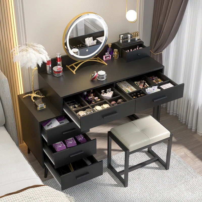 Jaspiliono Makeup Vanity Desk with Mirror and Stool -Wooden Bazar