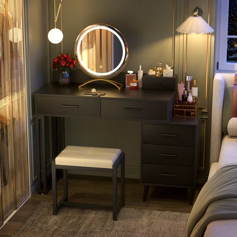 Jaspiliono Makeup Vanity Desk with Mirror and Stool -Wooden Bazar