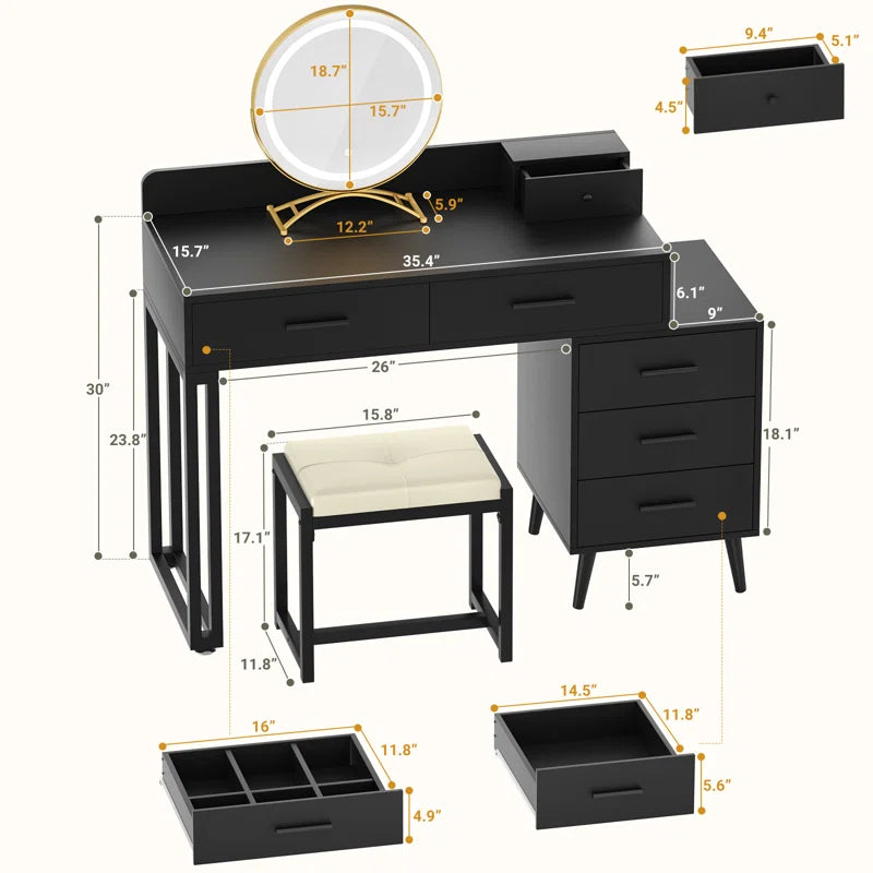 Jaspiliono Makeup Vanity Desk with Mirror and Stool -Wooden Bazar