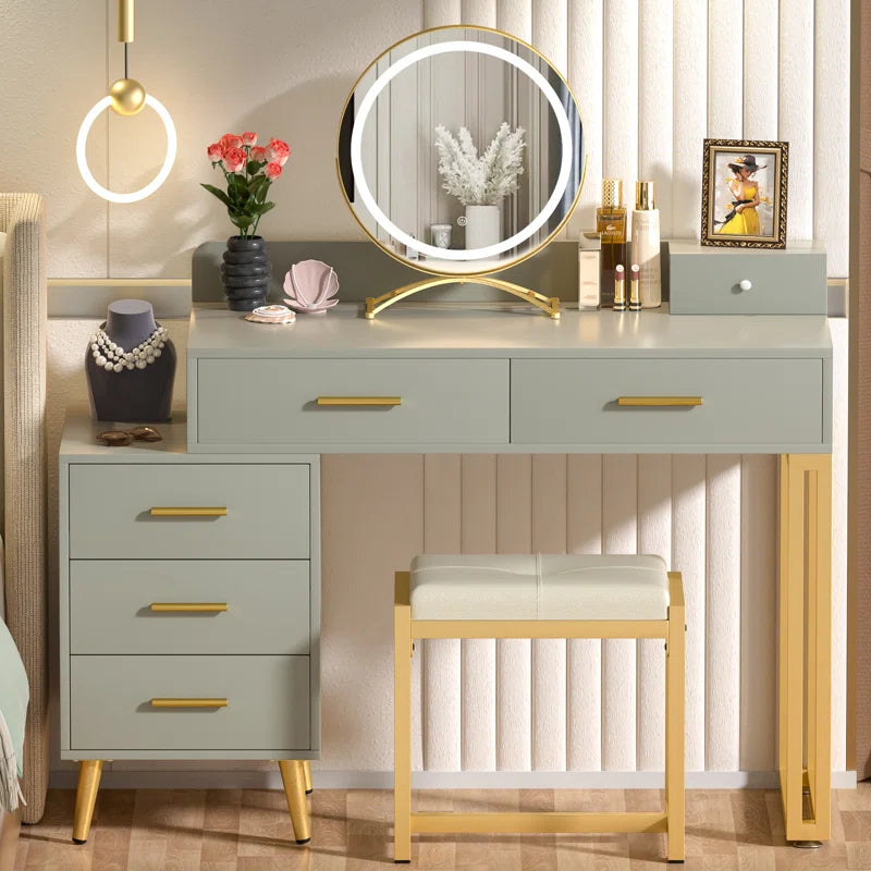 Jaspiliono Makeup Vanity Desk with Mirror and Stool -Wooden Bazar
