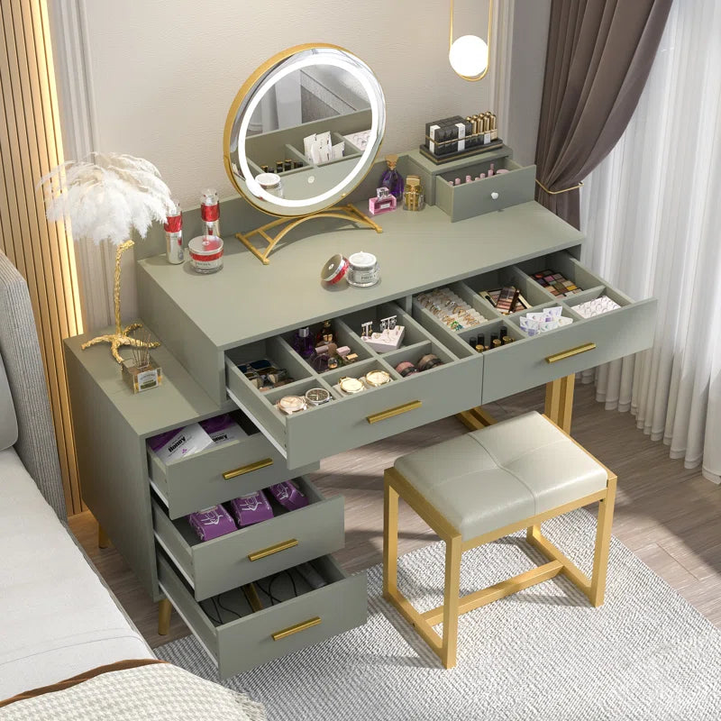 Jaspiliono Makeup Vanity Desk with Mirror and Stool -Wooden Bazar