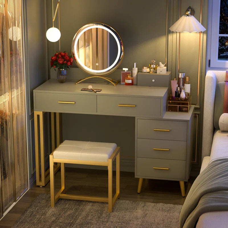 Jaspiliono Makeup Vanity Desk with Mirror and Stool -Wooden Bazar