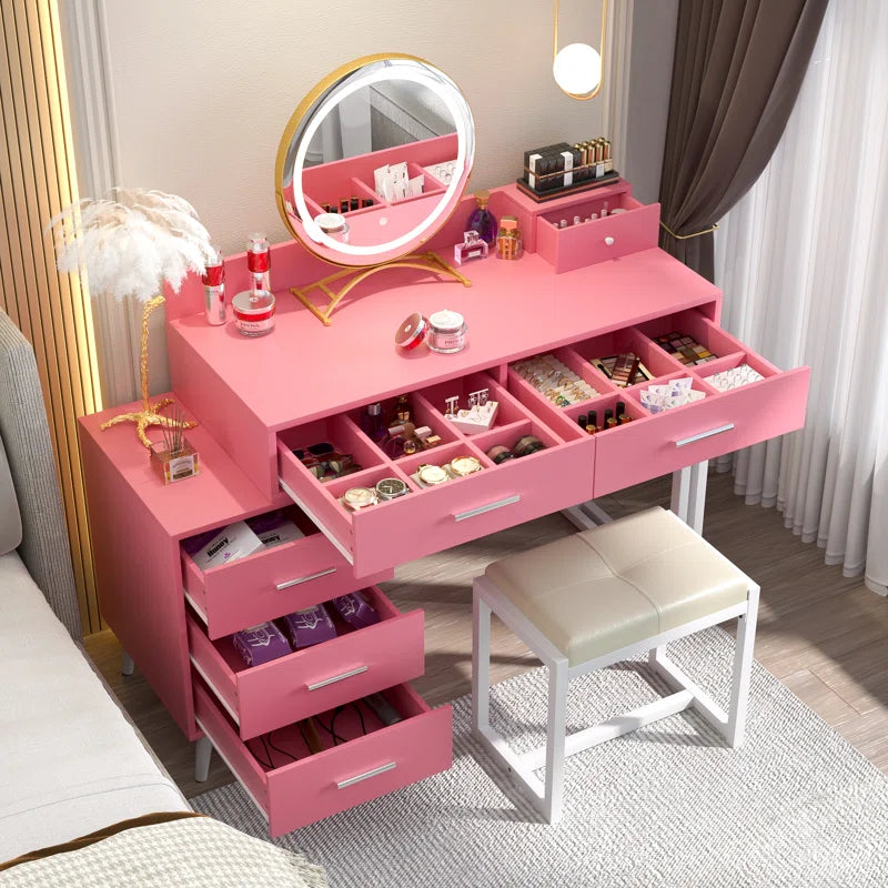 Jaspiliono Makeup Vanity Desk with Mirror and Stool -Wooden Bazar