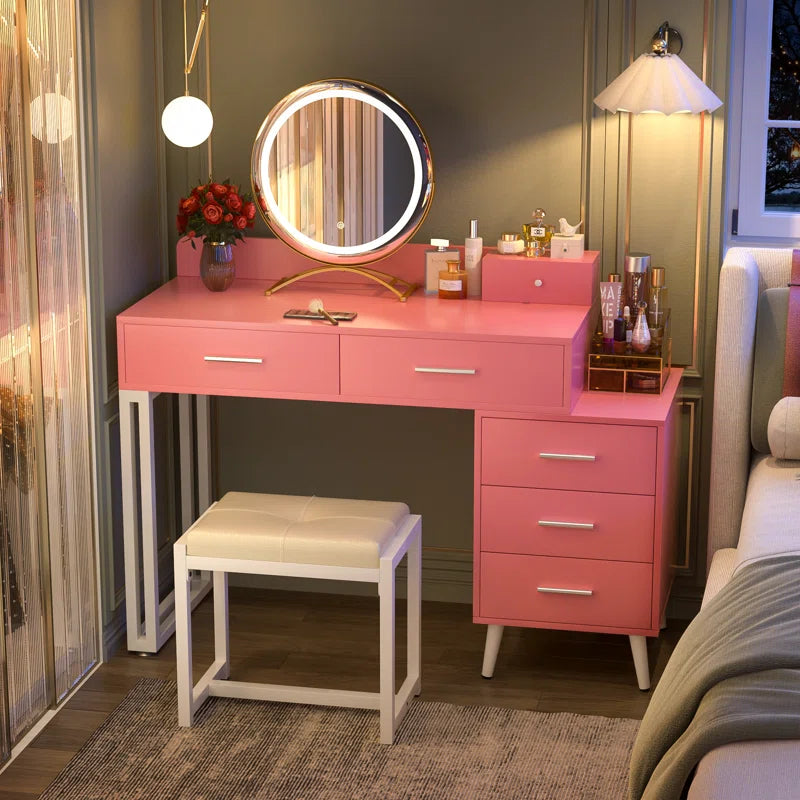 Jaspiliono Makeup Vanity Desk with Mirror and Stool -Wooden Bazar