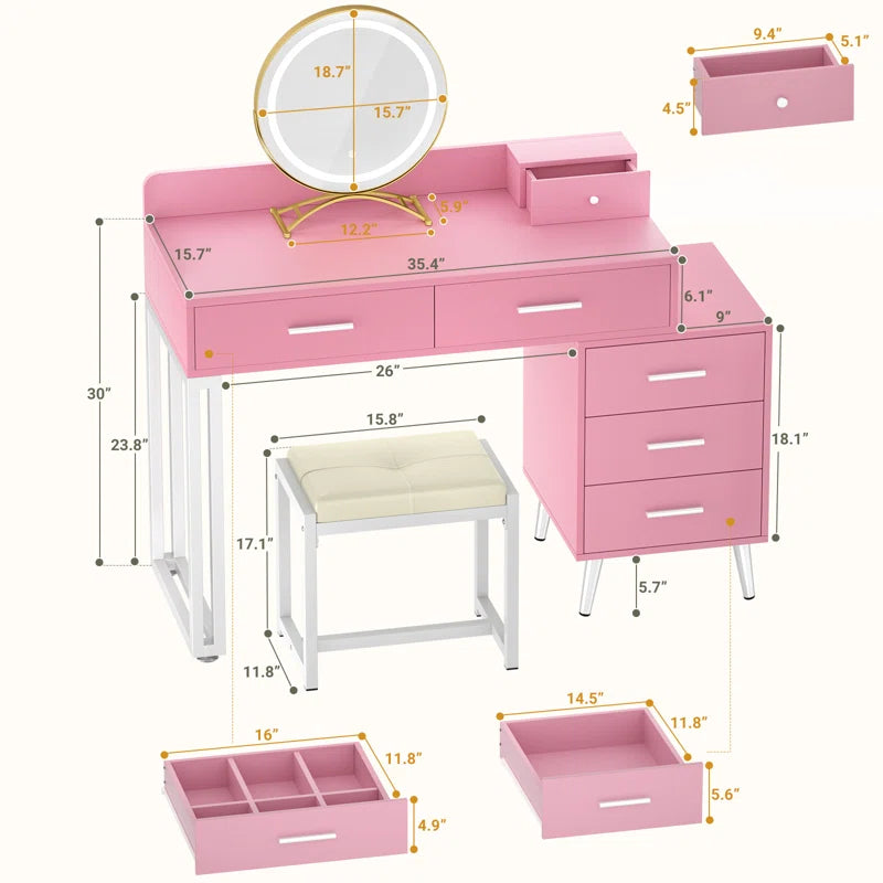 Jaspiliono Makeup Vanity Desk with Mirror and Stool -Wooden Bazar