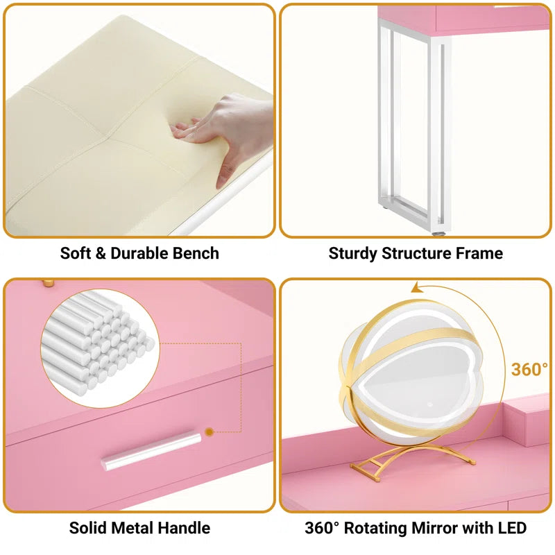 Jaspiliono Makeup Vanity Desk with Mirror and Stool -Wooden Bazar