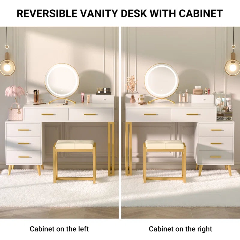 Jaspiliono Makeup Vanity Desk with Mirror and Stool -Wooden Bazar