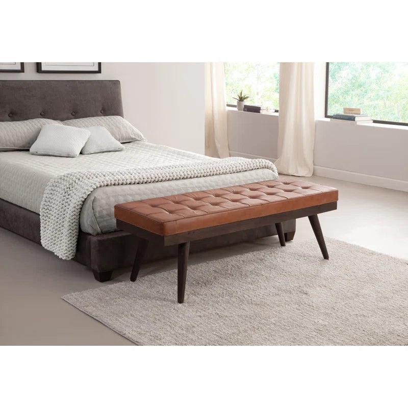 Lazerson Genuine Leather And Solid Wood Accent Bench - Wooden Bazar