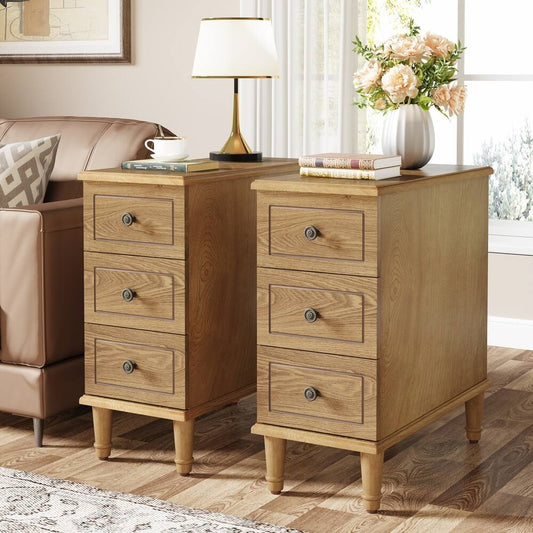 Fully Assembled Narrow End Table, Solid Wood Side Table with 3 Drawers
