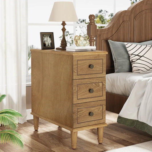 Fully Assembled Narrow End Table, Solid Wood Side Table with 3 Drawers