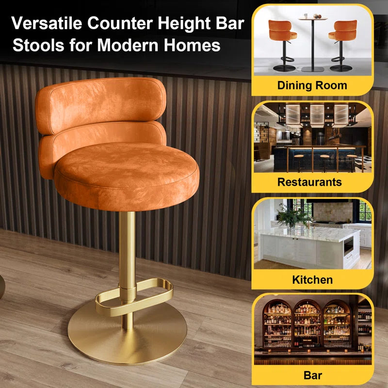 Giacamoz Adjustable Height Swivel Velvet Counter and Bar stool in Stainless Steel