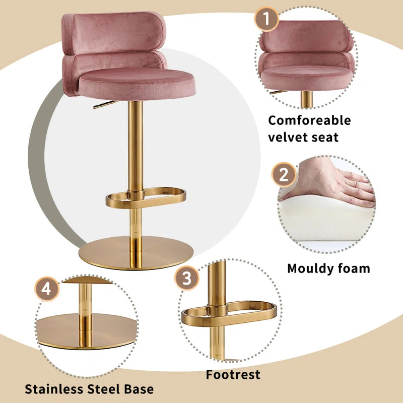Giacamoz Adjustable Height Swivel Velvet Counter and Bar stool in Stainless Steel