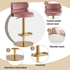 Giacamoz Adjustable Height Swivel Velvet Counter and Bar stool in Stainless Steel