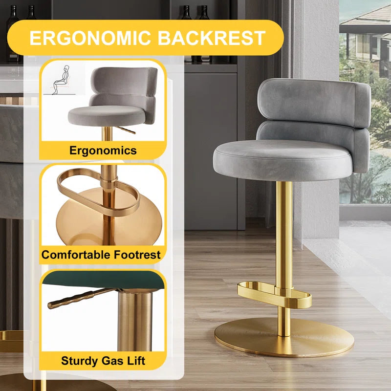 Giacamoz Adjustable Height Swivel Velvet Counter and Bar stool in Stainless Steel