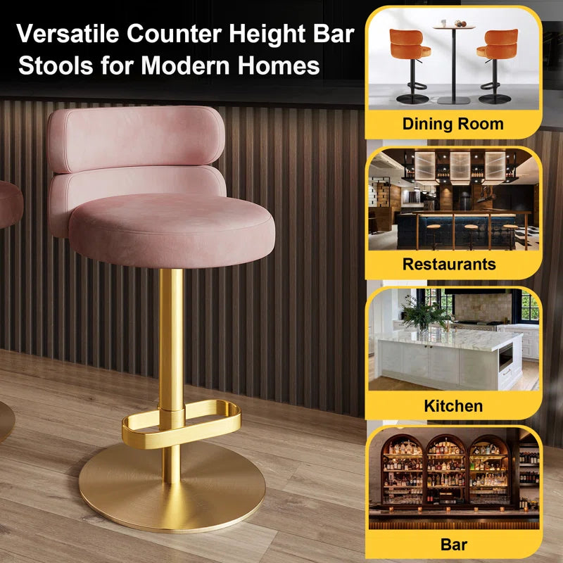 Giacamoz Adjustable Height Swivel Velvet Counter and Bar stool in Stainless Steel