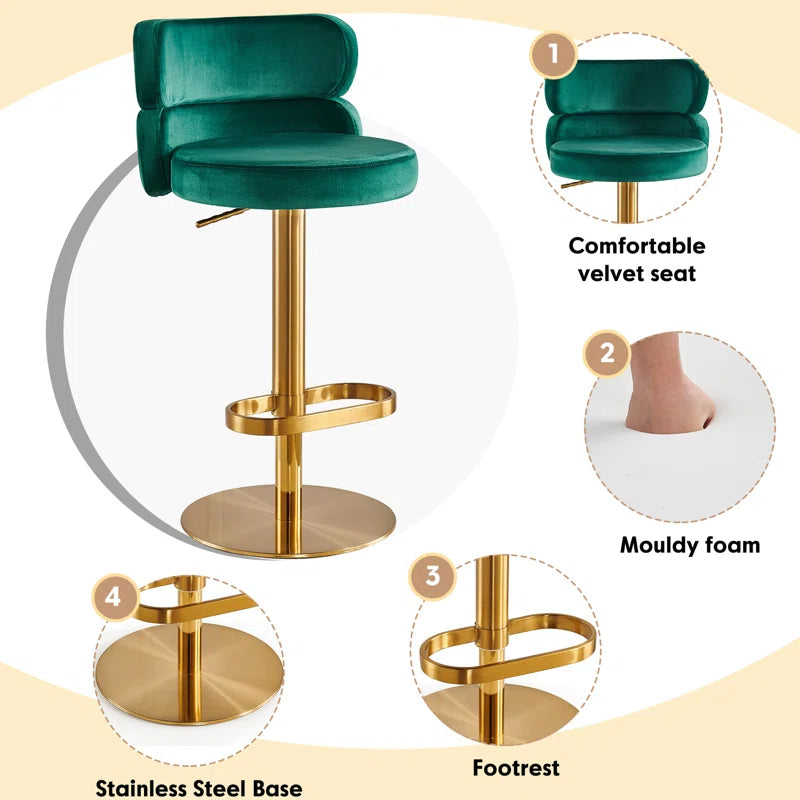 Giacamoz Adjustable Height Swivel Velvet Counter and Bar stool in Stainless Steel
