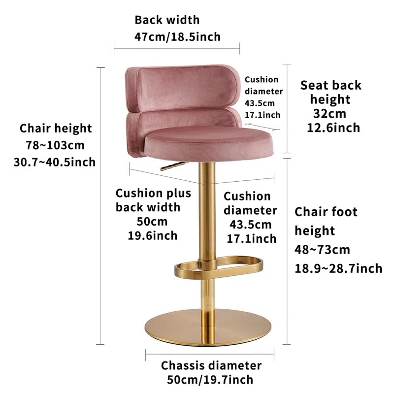 Giacamoz Adjustable Height Swivel Velvet Counter and Bar stool in Stainless Steel