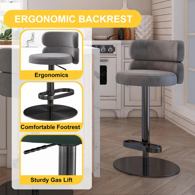 Giacamoz Adjustable Height Swivel Velvet Counter and Bar stool in Stainless Steel