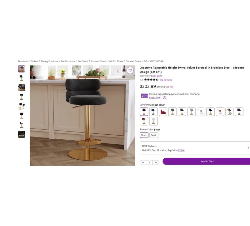Giacamoz Adjustable Height Swivel Velvet Counter and Bar stool in Stainless Steel