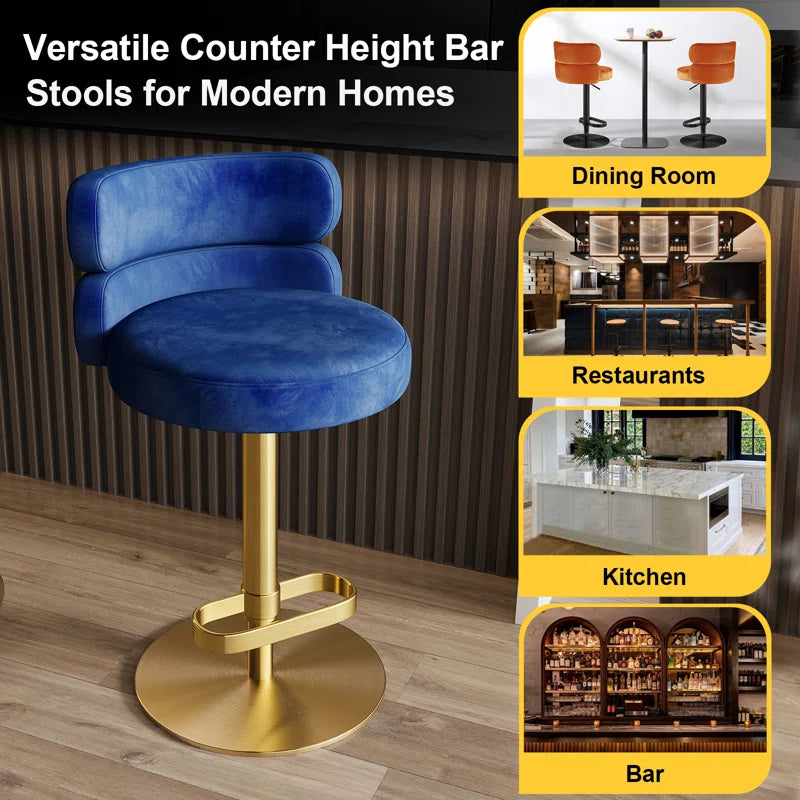 Giacamoz Adjustable Height Swivel Velvet Counter and Bar stool in Stainless Steel