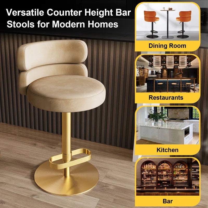 Giacamoz Adjustable Height Swivel Velvet Counter and Bar stool in Stainless Steel