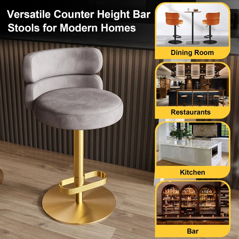 Giacamoz Adjustable Height Swivel Velvet Counter and Bar stool in Stainless Steel