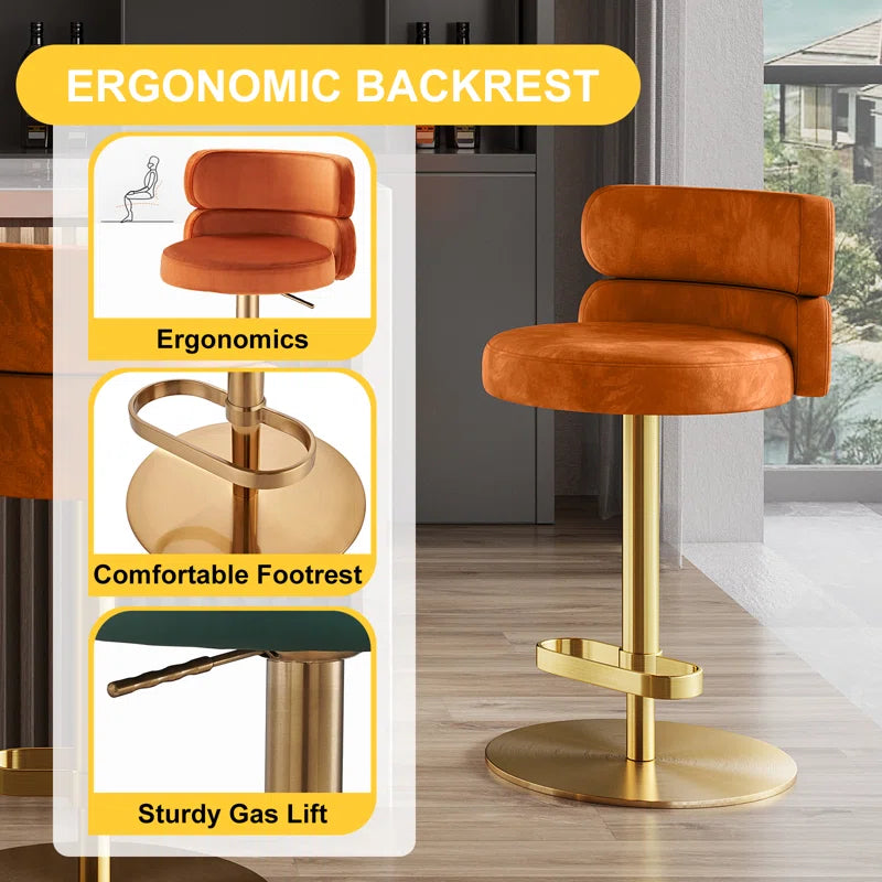 Giacamoz Adjustable Height Swivel Velvet Counter and Bar stool in Stainless Steel