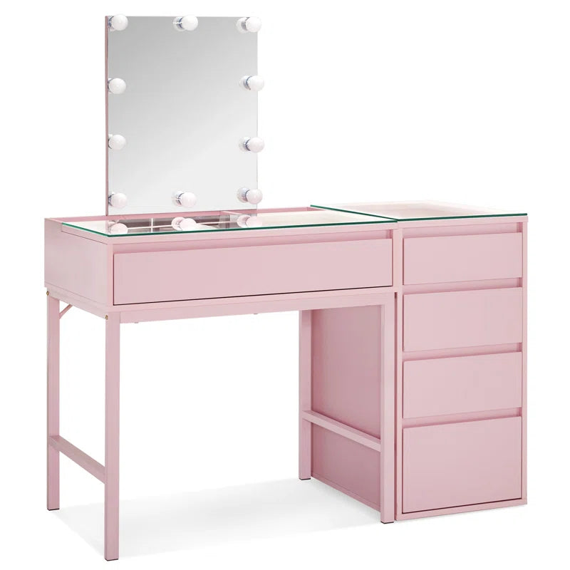 Keroon Glass Top Pink Makeup Vanity Desk with Lighted Mirror and Jewelry Storage