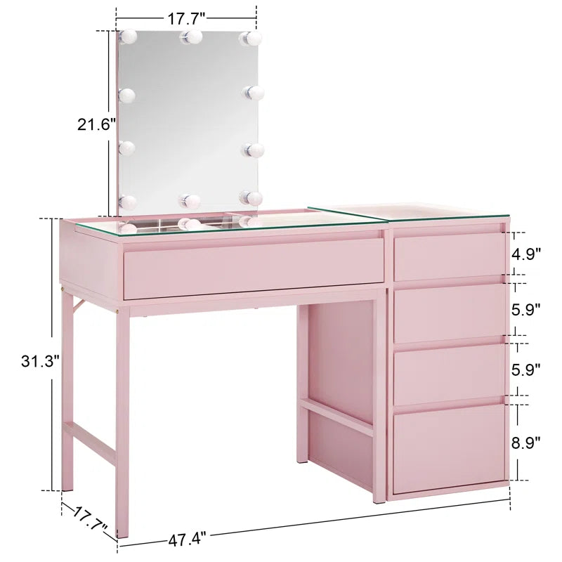 Keroon Glass Top Pink Makeup Vanity Desk with Lighted Mirror and Jewelry Storage