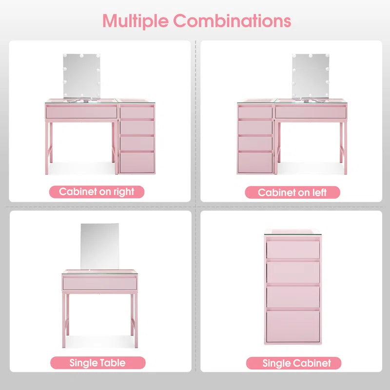 Keroon Glass Top Pink Makeup Vanity Desk with Lighted Mirror and Jewelry Storage